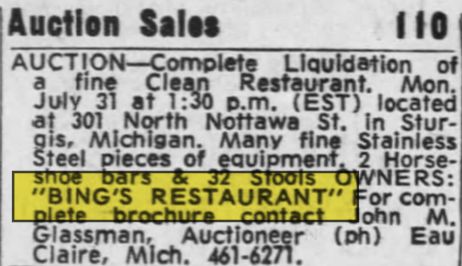 Bings (Bings Lunch) - July 1967 Auction